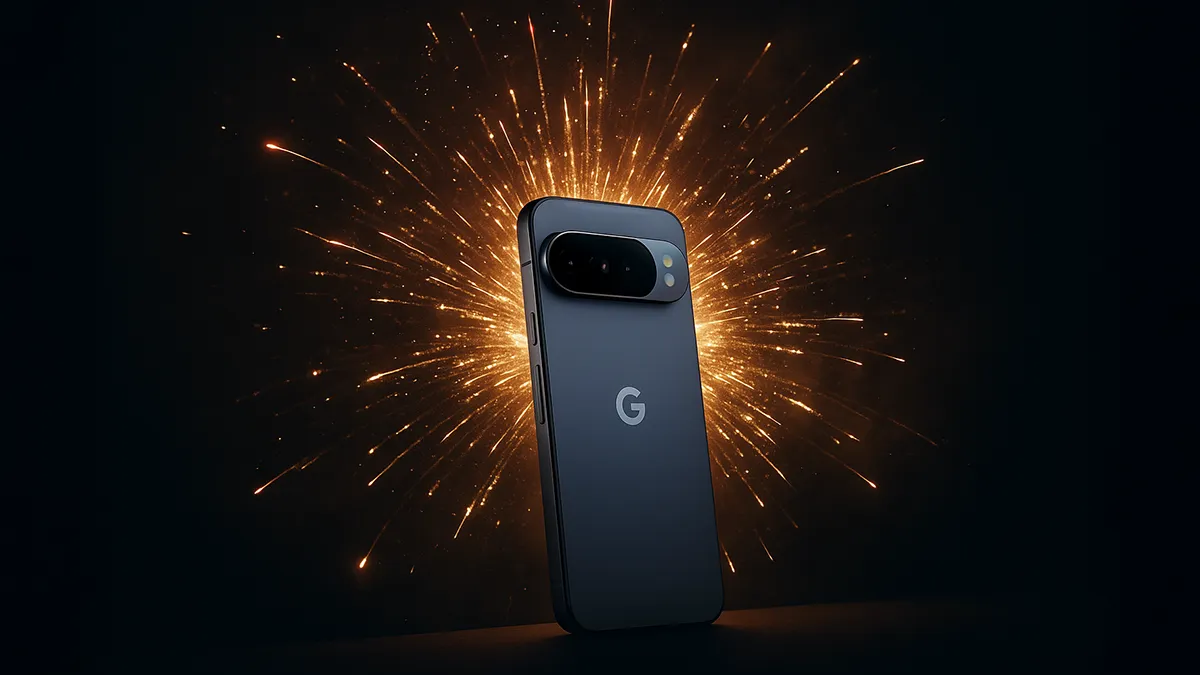 Ein Pixel 10 Smartphone mit Feuerwerk